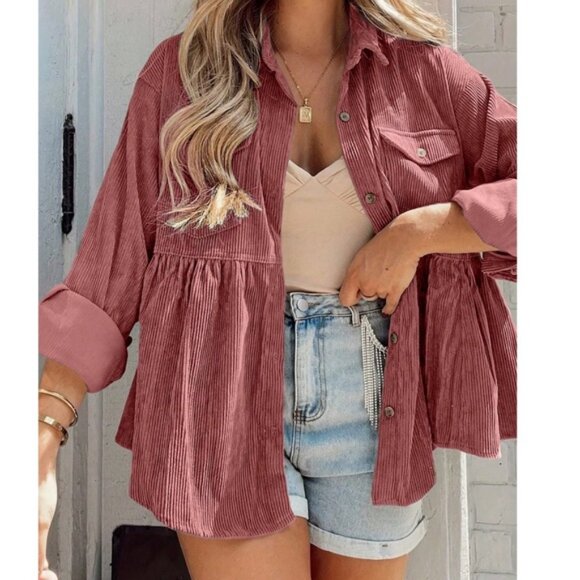 Plus Solid Corduroy Button Down Long Sleeve Shirt - Picture 1 of 5